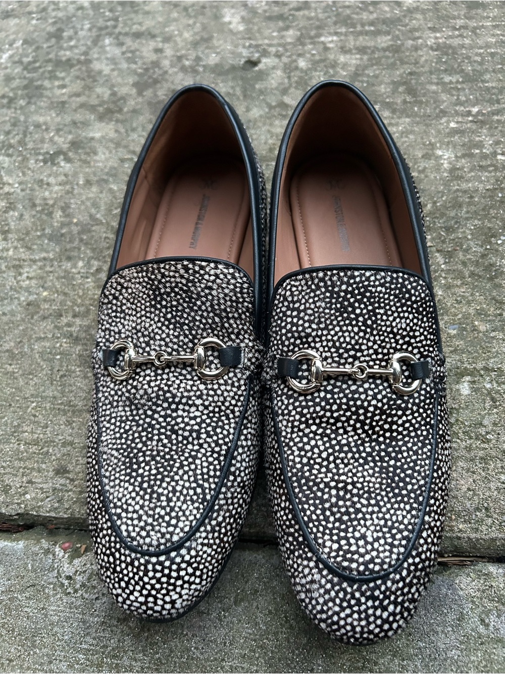 Johnston & Murphy Black and White Spotted Leather Bit Loafers